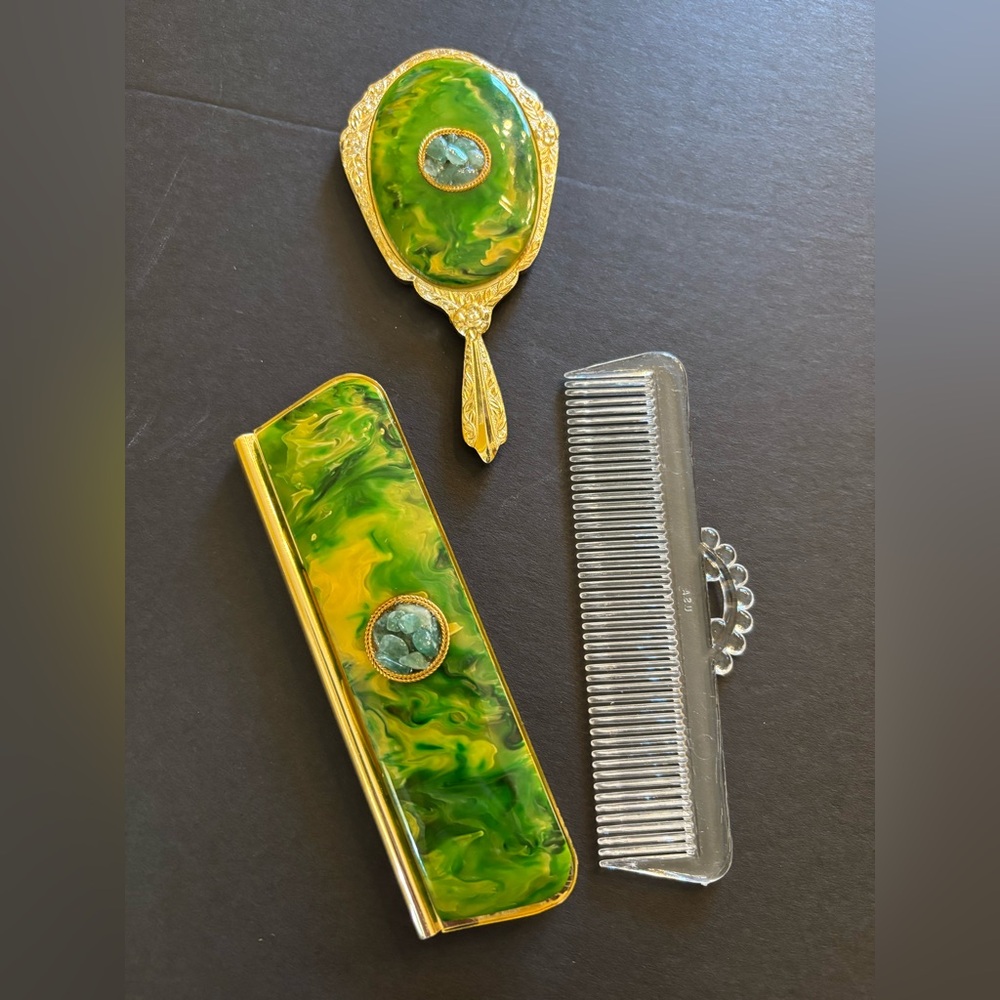 Rare Vintage Schildkraut jade mirror and comb set